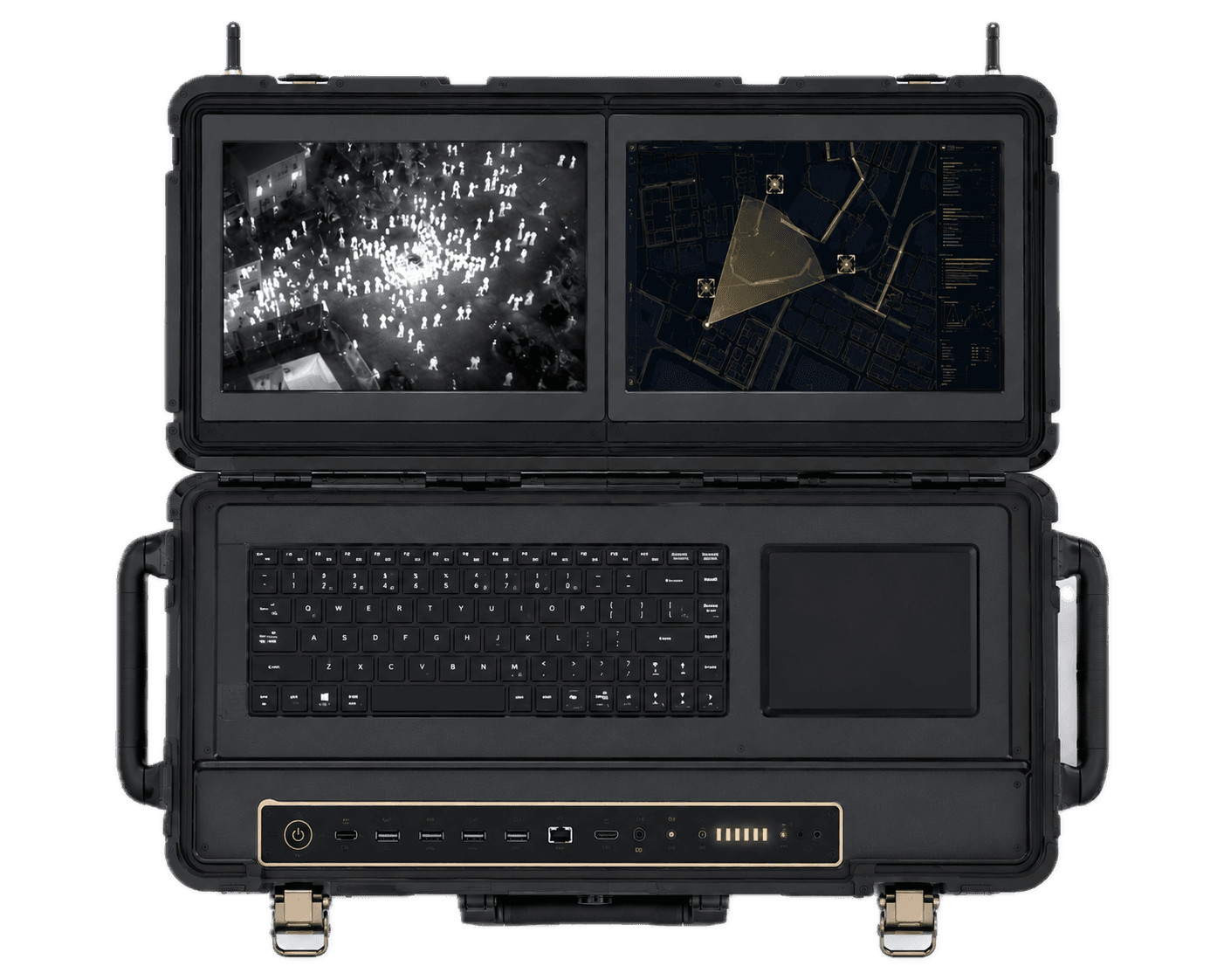 VANTAGE Ground Station — vista frontal con feed térmico y mapa táctico